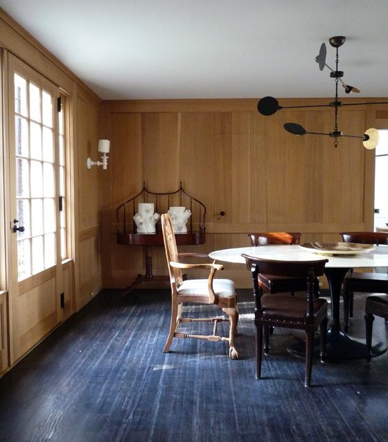 Panelled dining room with French doors